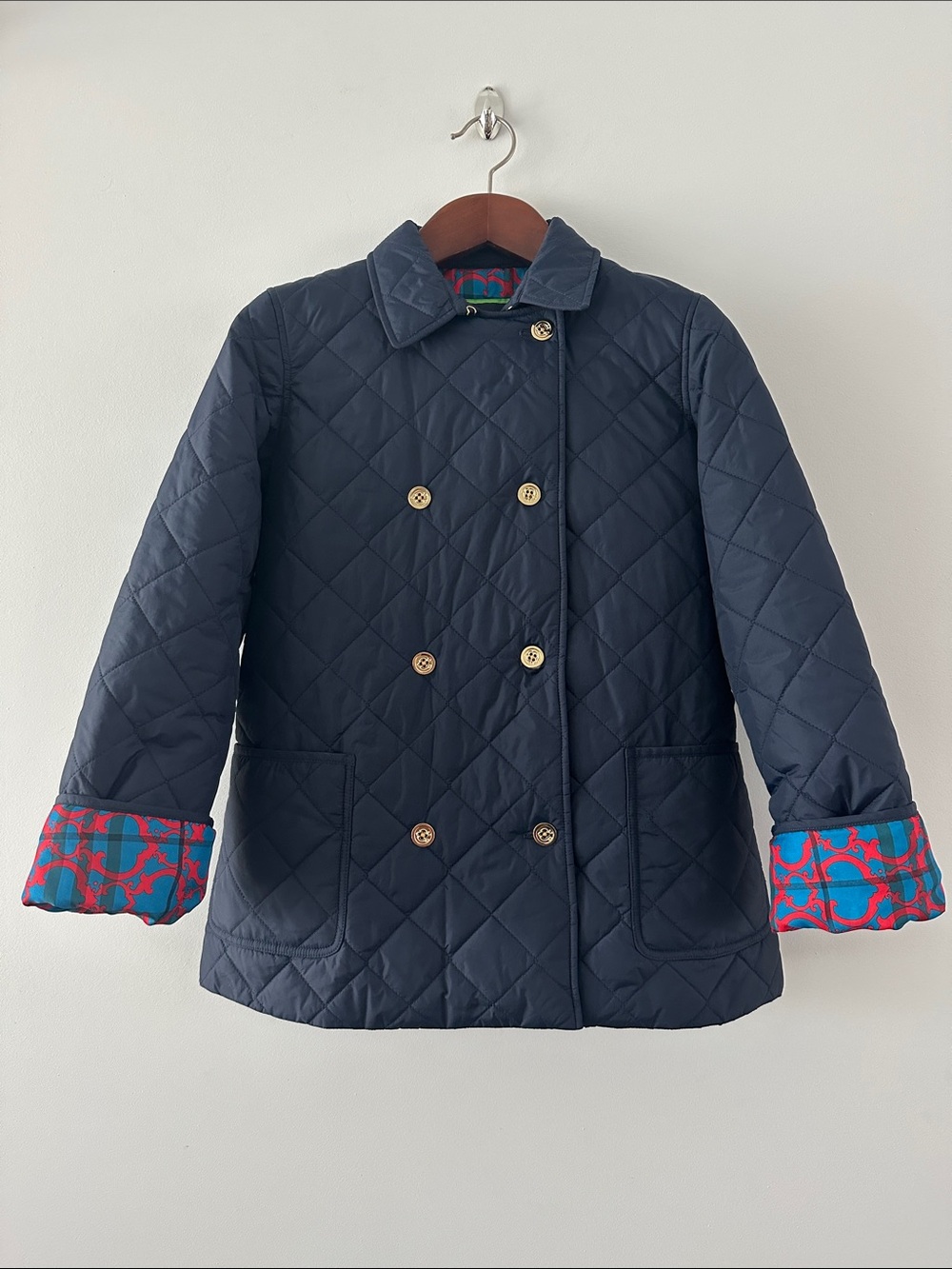 Quilted Navy Jacket with Patterned Cuff